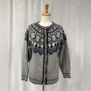 EasyWear Vintage Gray/Blue Fair Isle Button-Front Women Sweater Cardigan Size M